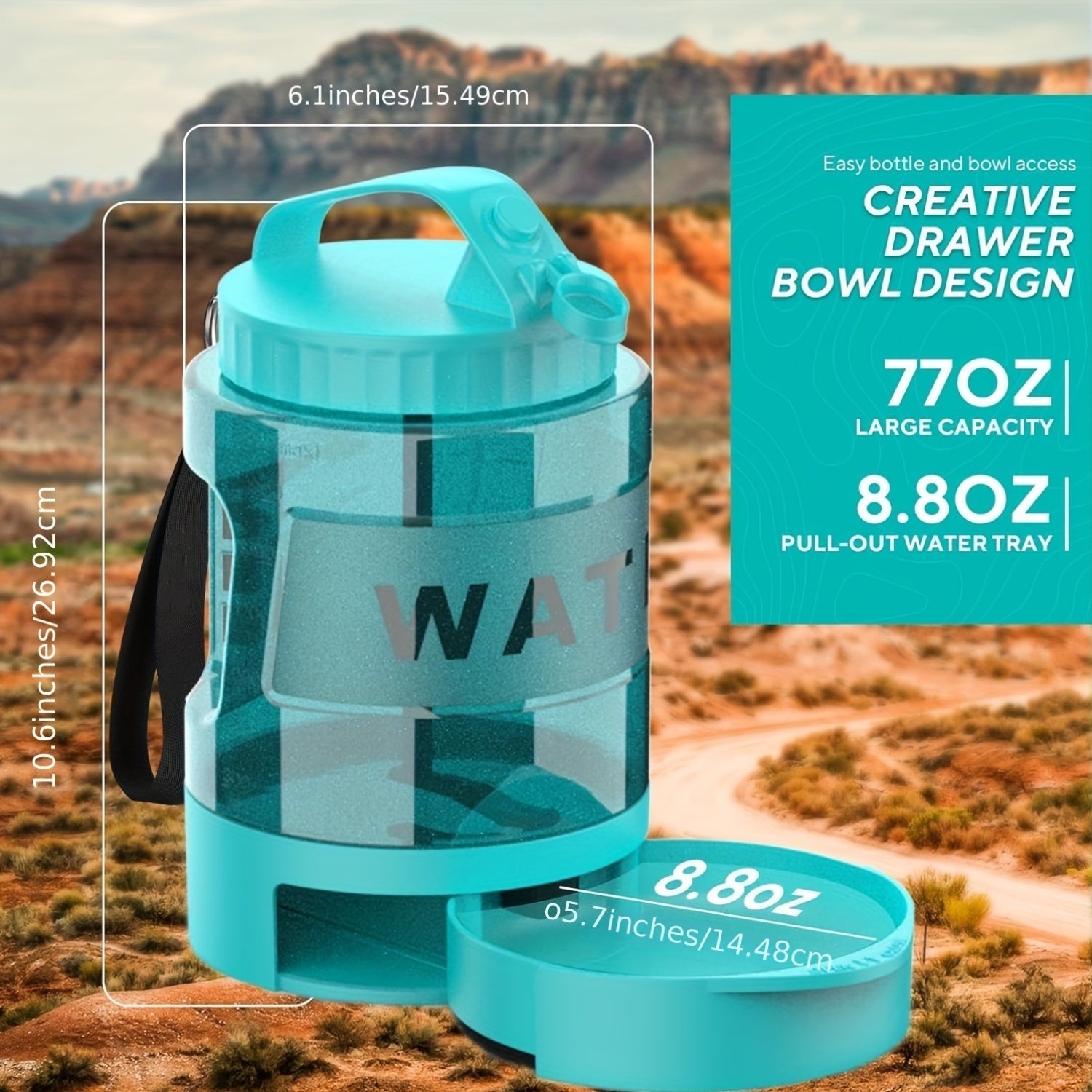 Dog travel water dispenser bottle in lake blue with pull-out drinking bowl and carry handle — view 4