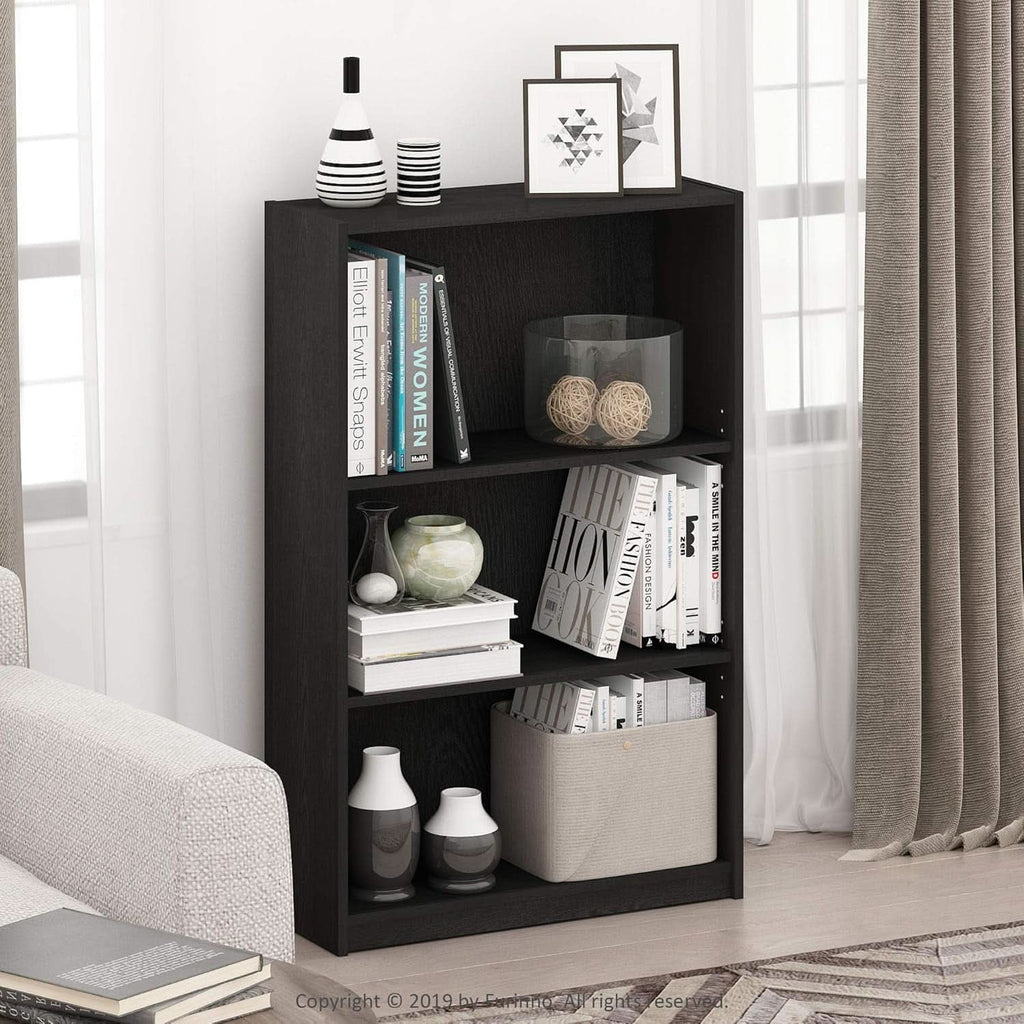 Black three-tier adjustable wooden bookcase displaying books and decor for home office storage. — view 2
