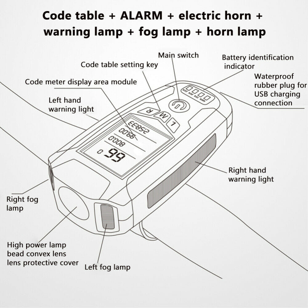 Black LED bicycle headlight with LCD speedometer screen and horn attachment for safe outdoor cycling — view 3