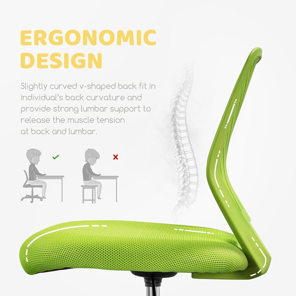 Kids green swivel desk chair with armless design, padded seat, and ergonomic lumbar backrest. — view 4