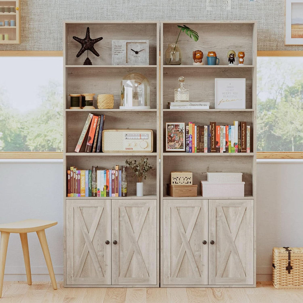 Tall 70-inch industrial bookcase in beige maple with six shelves and farmhouse style lower cabinet doors — view 4