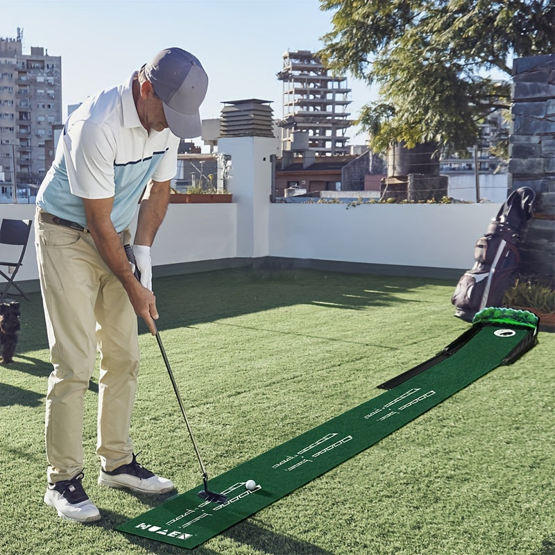 Green indoor golf accelerator putting mat with automatic ball return system and white visual alignment guides — view 3