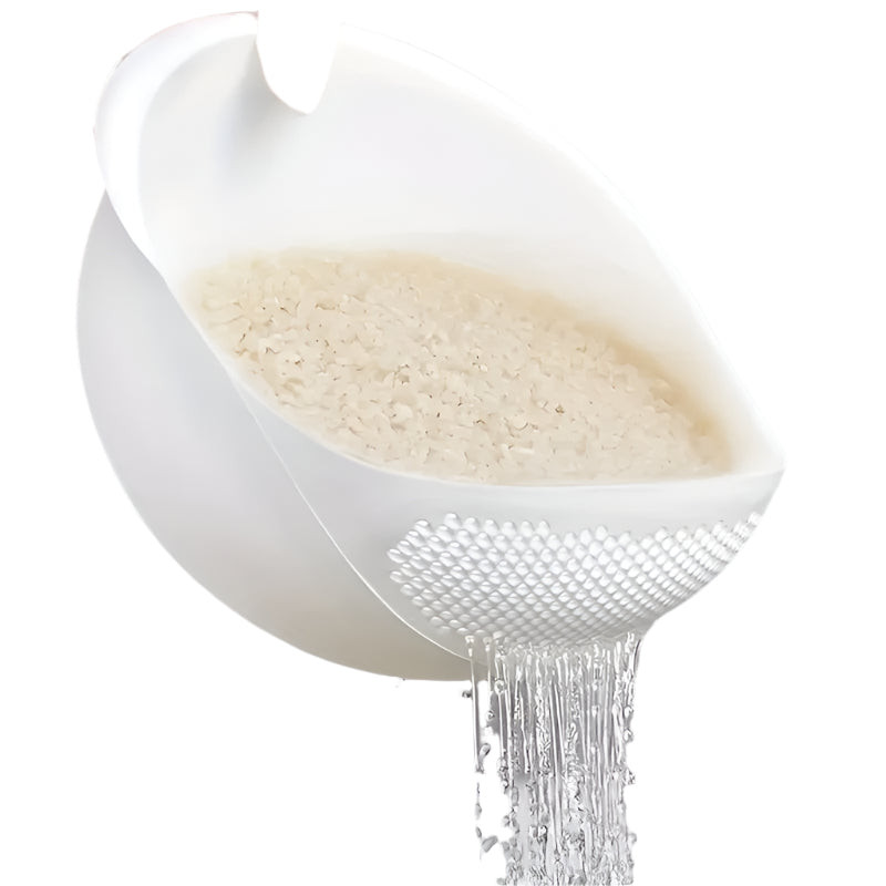 White plastic kitchen washing basket and rice drainer on a kitchen countertop