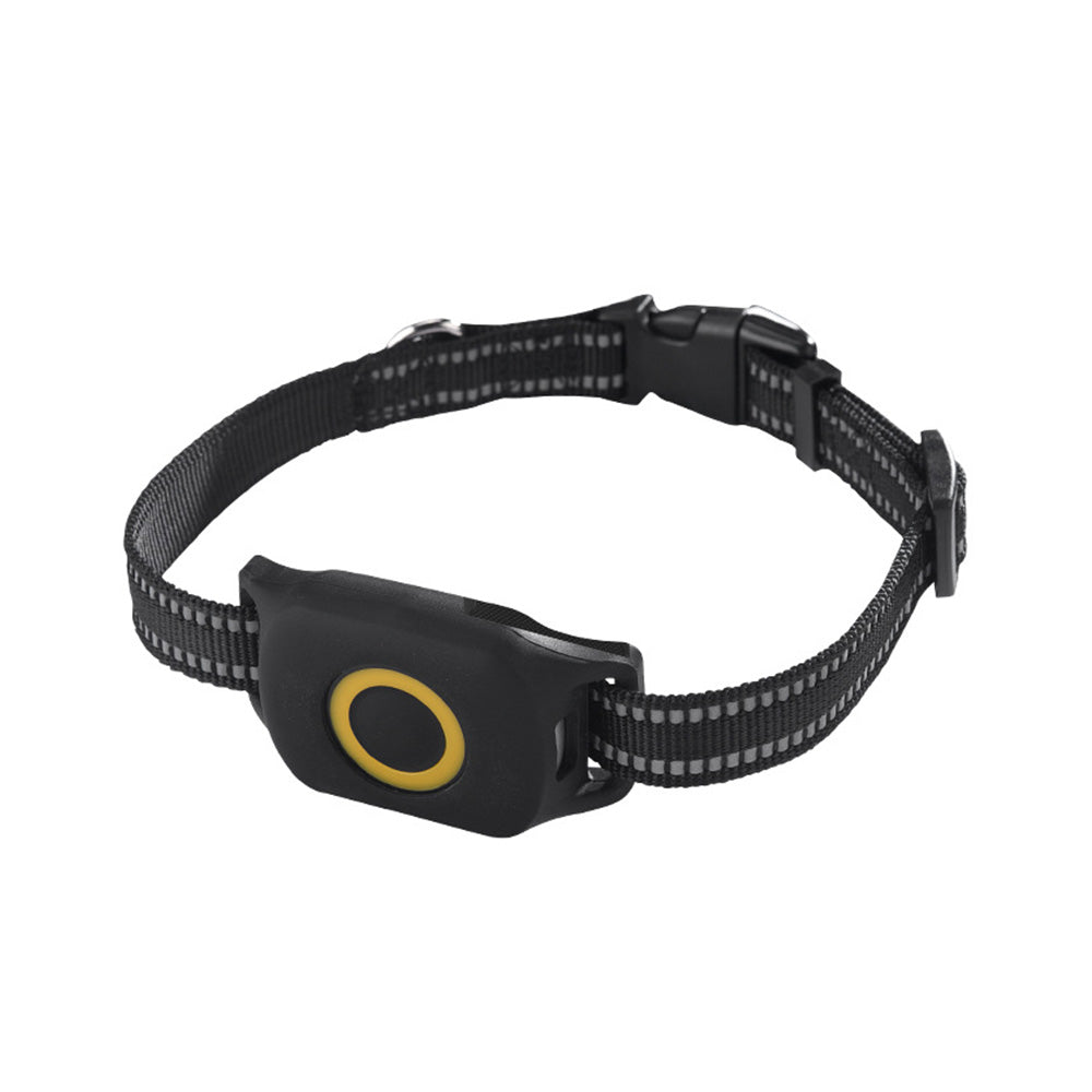 Black 4G wireless GPS dog tracker attached to a durable fabric pet collar.