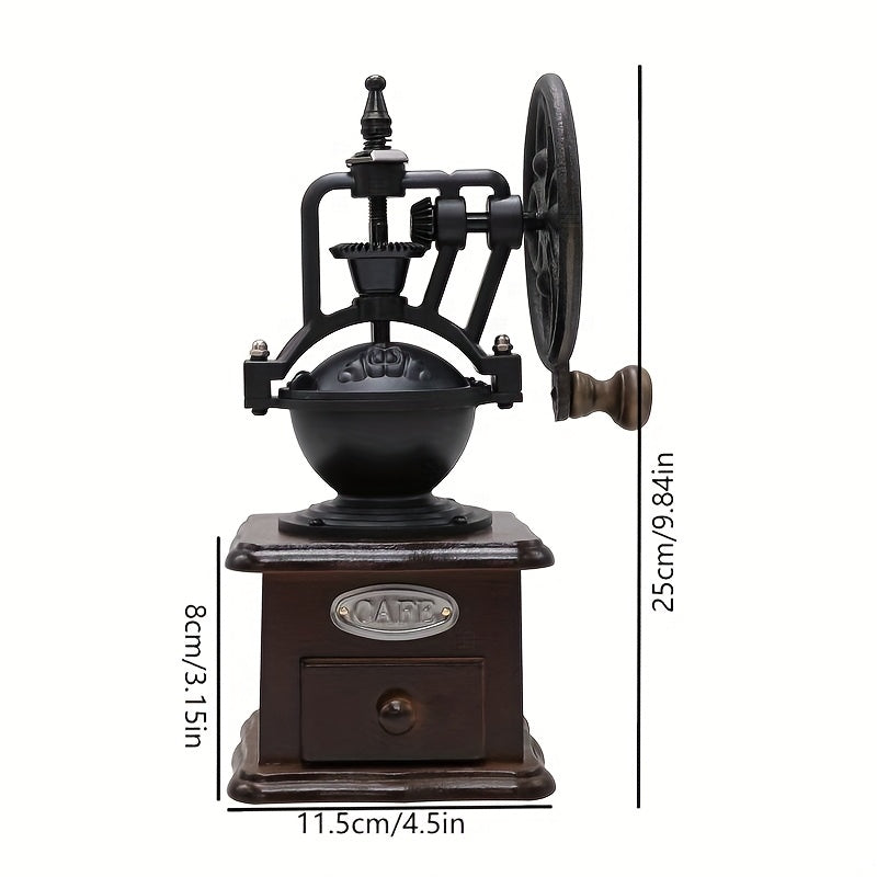 Manual coffee grinder vintage mill in black with a cast iron hand crank and wooden base — view 3