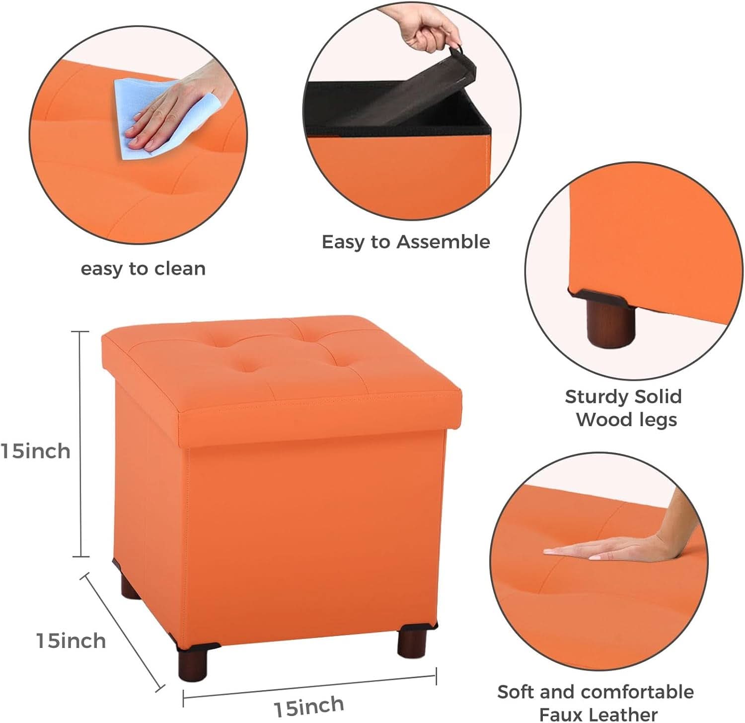 Orange faux leather storage ottoman with a solid wooden tray table top for living rooms — view 3