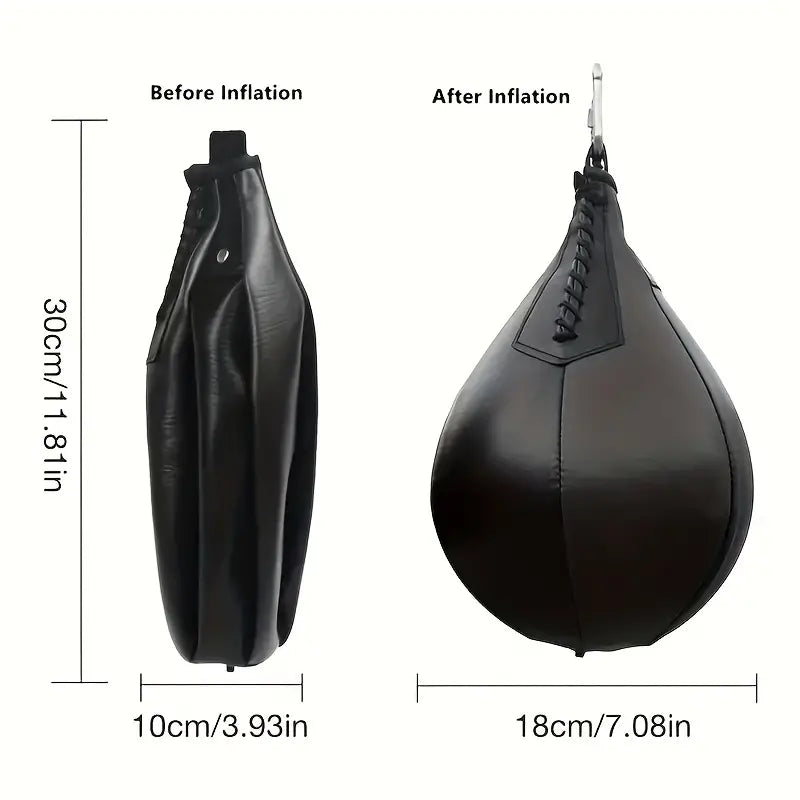 Black PU leather pear-shaped boxing speed ball with hanging hook for home gym striking workouts. — view 2