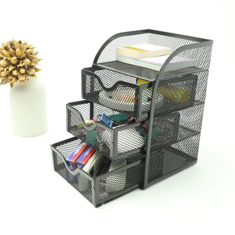 4 tier mesh desk organizer with three drawers in powder coated iron holding office supplies