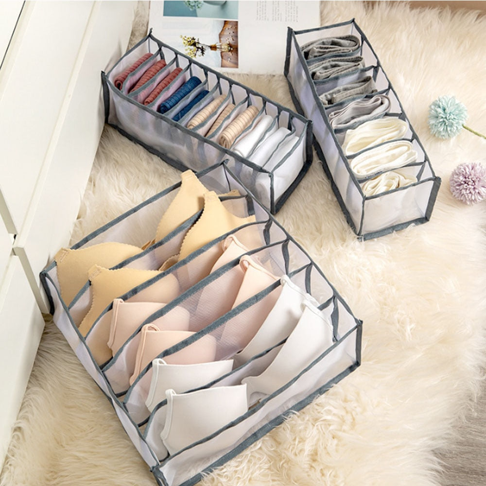Washable nylon mesh bedroom closet organizer set with divided grids for underwear and socks — view 4