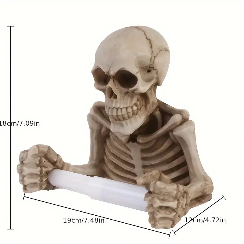 Retro gothic wall mounted skull toilet paper holder crafted from durable resin dispensing a roll — view 3