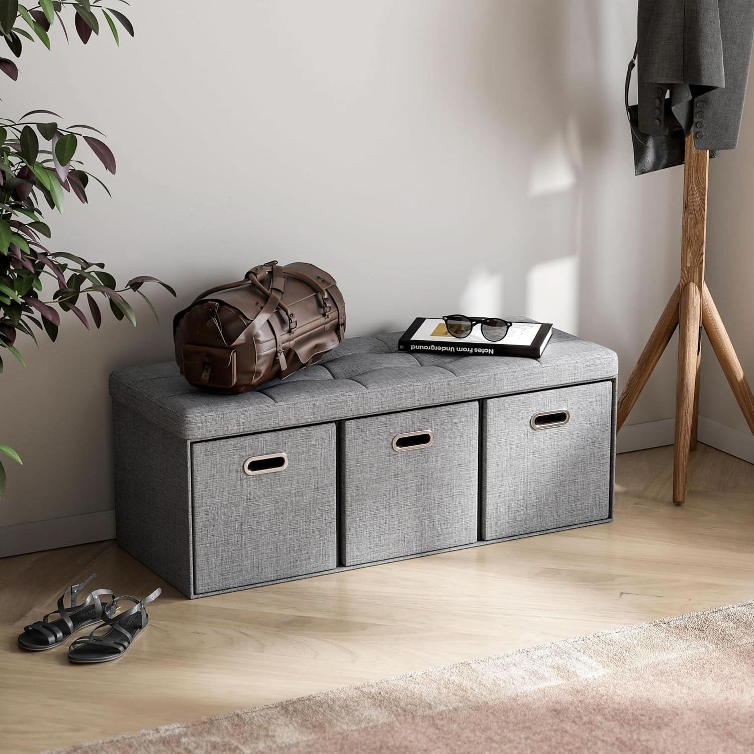 Oversized 40-inch gray linen storage ottoman with three cube drawers and a tufted cushion top — view 3