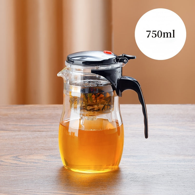 Clear glass tea infuser with one touch press mechanism and black plastic handle, 750ml capacity — view 5