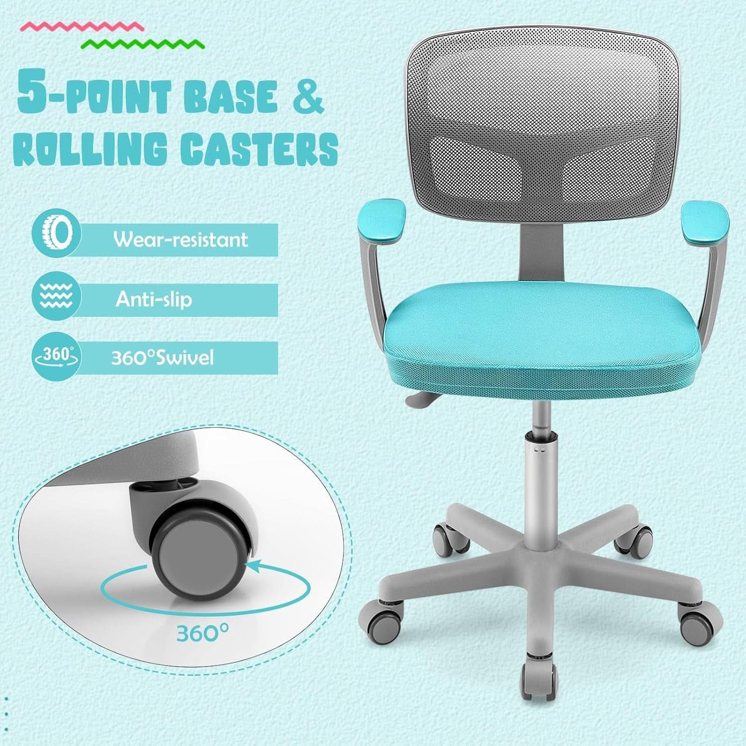 Cyan ergonomic kids desk chair with breathable mesh back, padded armrests, and rolling casters. — view 2