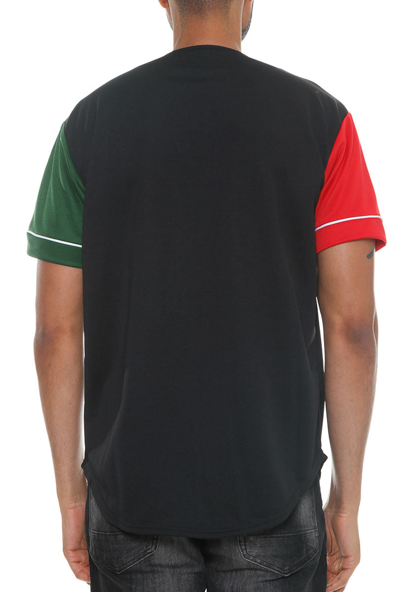 Corazon color block baseball jersey in green red and black with white contrast sleeve stripes — view 4