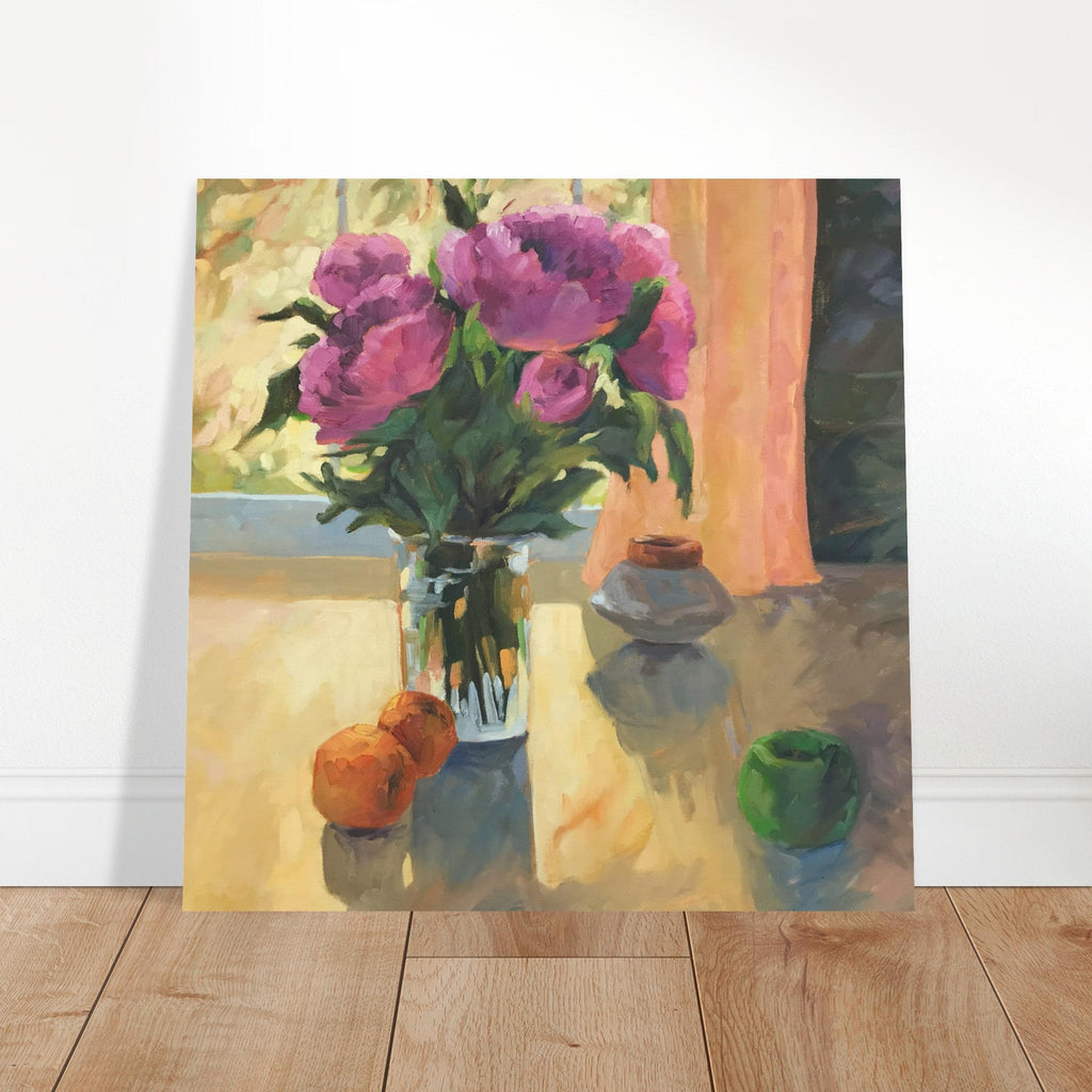 'Blooming Flowers and Fresh Fruit' Floral Still Life I 16x16 Museum-Quality Matte Paper Poster | Original Artwork by American Artist Barbara Cleary-0