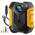 Yellow portable digital tire inflator and air compressor pump with 12V car plug and LED light