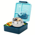 Blue cartoon kids thermos lunch box with four compartments and matching water bottle