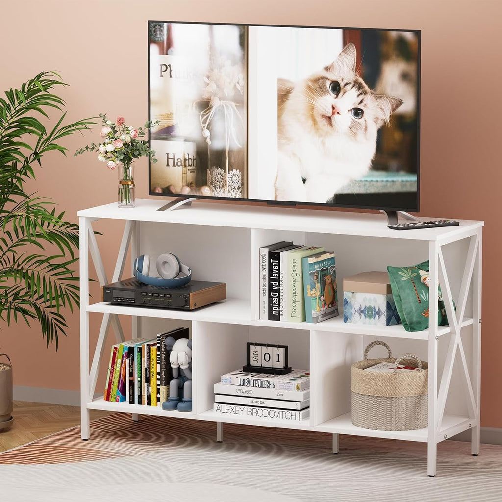 White 5-cube open bookcase with contemporary industrial metal frame and wood-like MDF shelves. — view 5