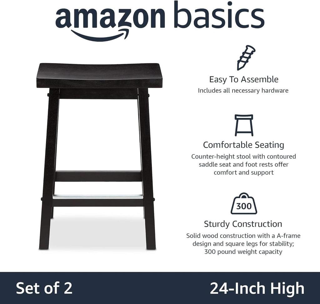 Set of two black solid wood saddle seat bar stools with square legs — view 4