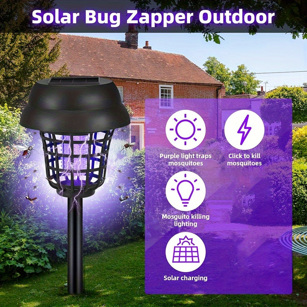 Four outdoor solar powered UV mosquito repellent lamps staked into green grass — view 3