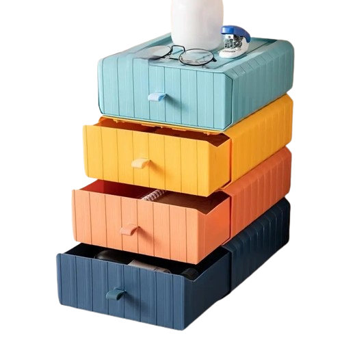Contemporary desktop storage box organizing pens and office supplies on a modern workspace desk.