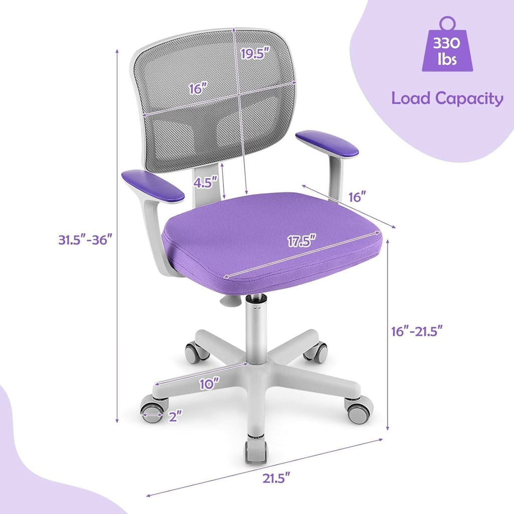 Violet ergonomic kids desk chair with breathable mesh back, armrests, and rolling casters. — view 3