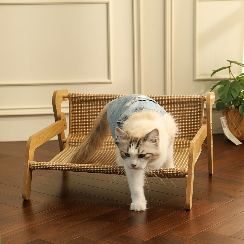 Large linen cat scratcher hammock lounge chair with elevated sturdy frame for indoor pets — view 3