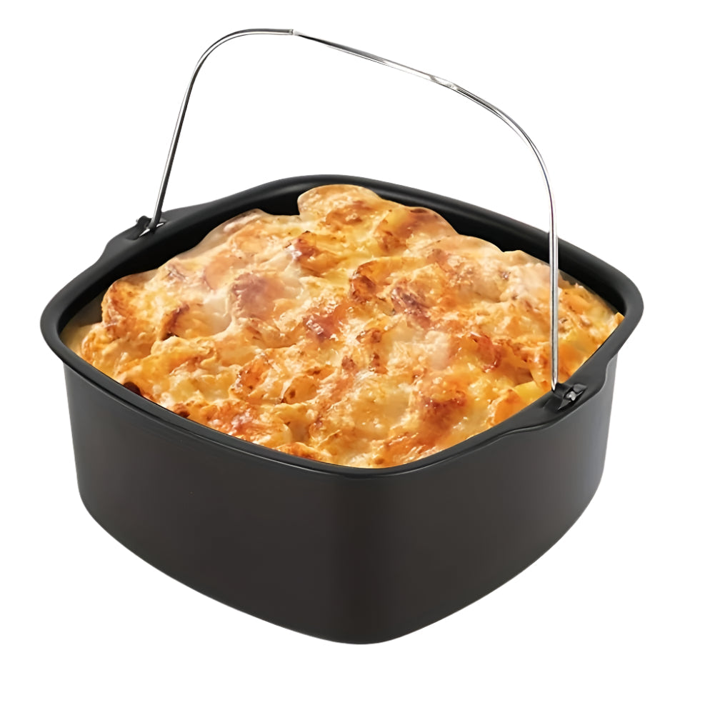 Black round non-stick air fryer cake pan and baking tray for homemade desserts and pizzas
