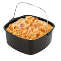 Black round non-stick air fryer cake pan and baking tray for homemade desserts and pizzas