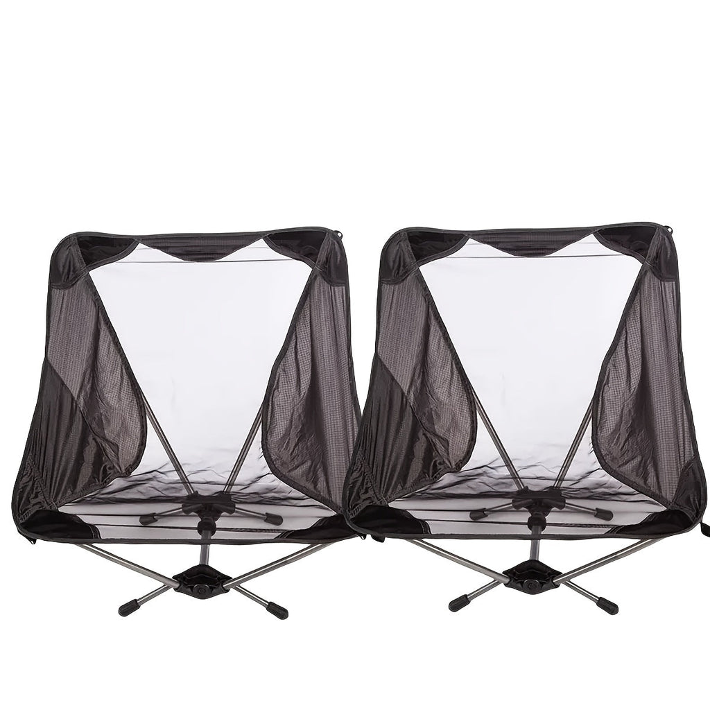 Two black flannel folding aluminum beach chairs with oil-rubbed finish for outdoor camping and travel