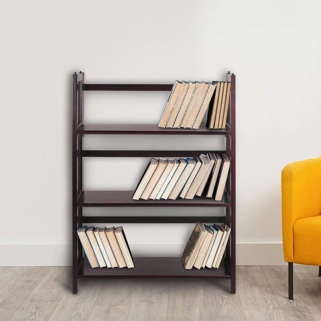 Three shelf folding stackable bookcase in rich solid espresso wood for home office storage — view 2