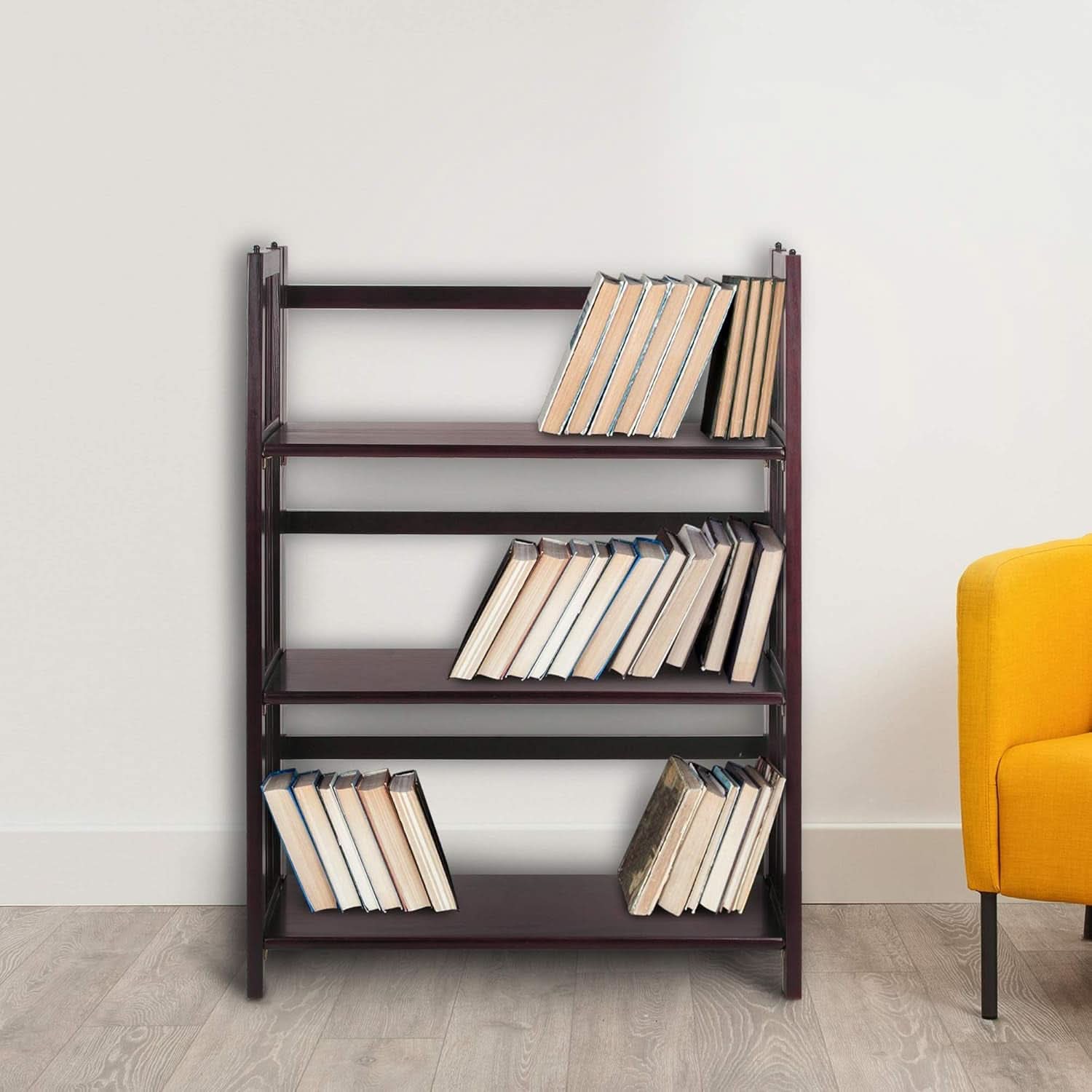 Three shelf folding stackable bookcase in rich solid espresso wood for home office storage — view 2