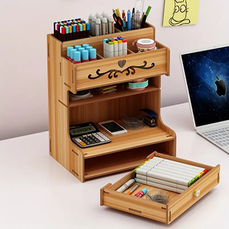 Wooden drawer organizer and desktop storage with versatile compartments for pens, markers, and office supplies — view 2