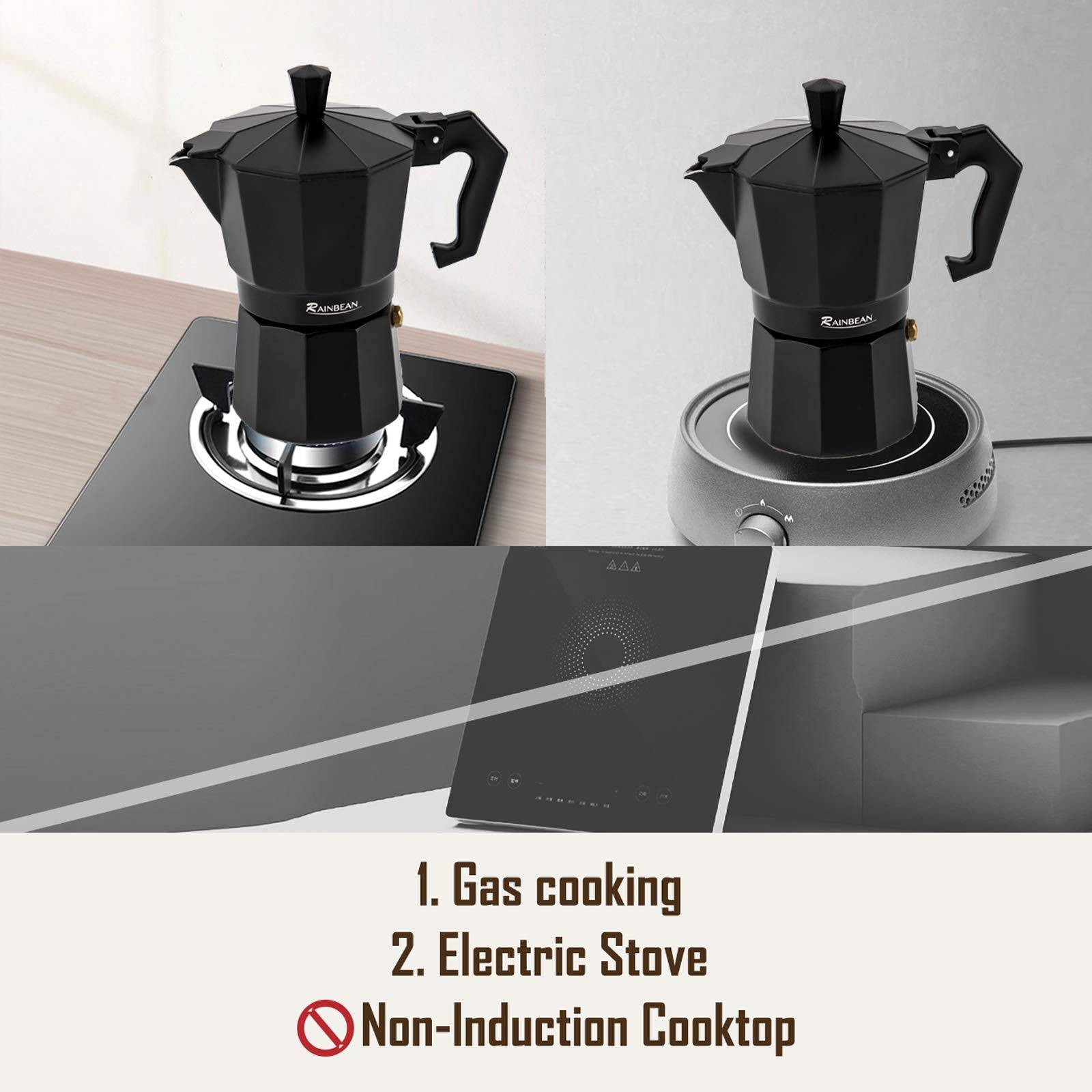 Classic Italian moka pot stovetop espresso maker with two matching coffee cups on kitchen counter — view 3