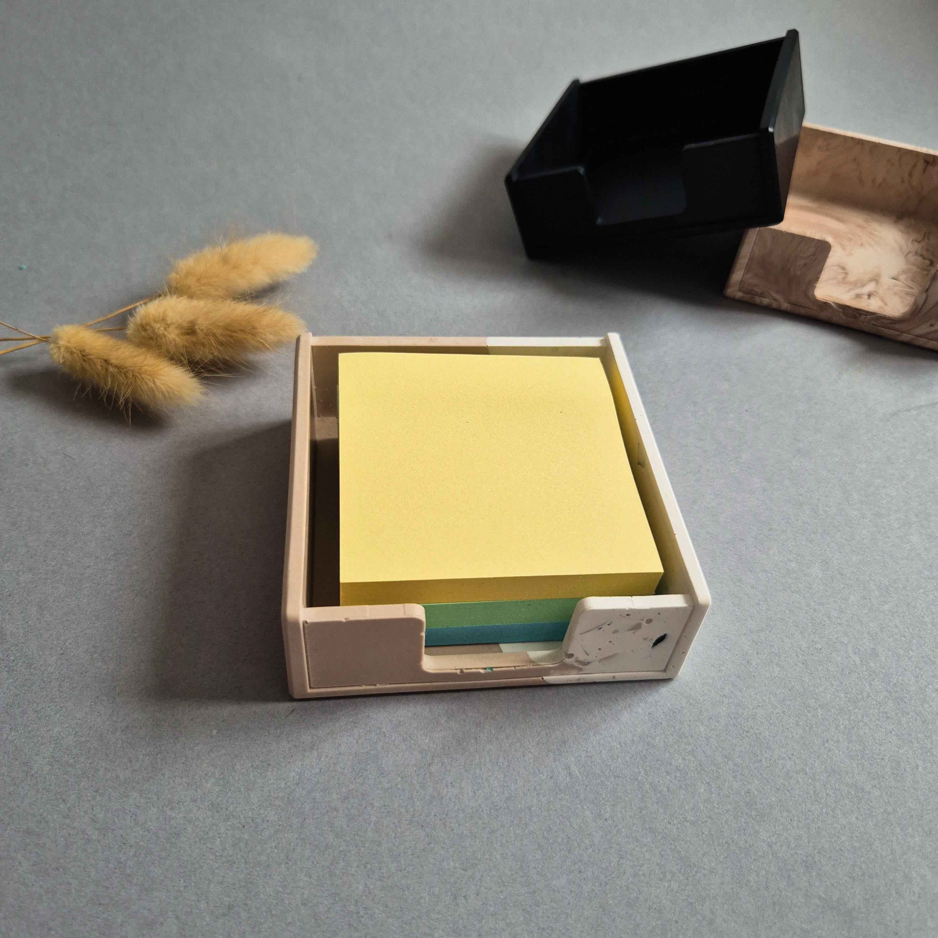 Handmade half terrazzo sticky note holder made of smooth eco friendly Jesmonite for desk organization