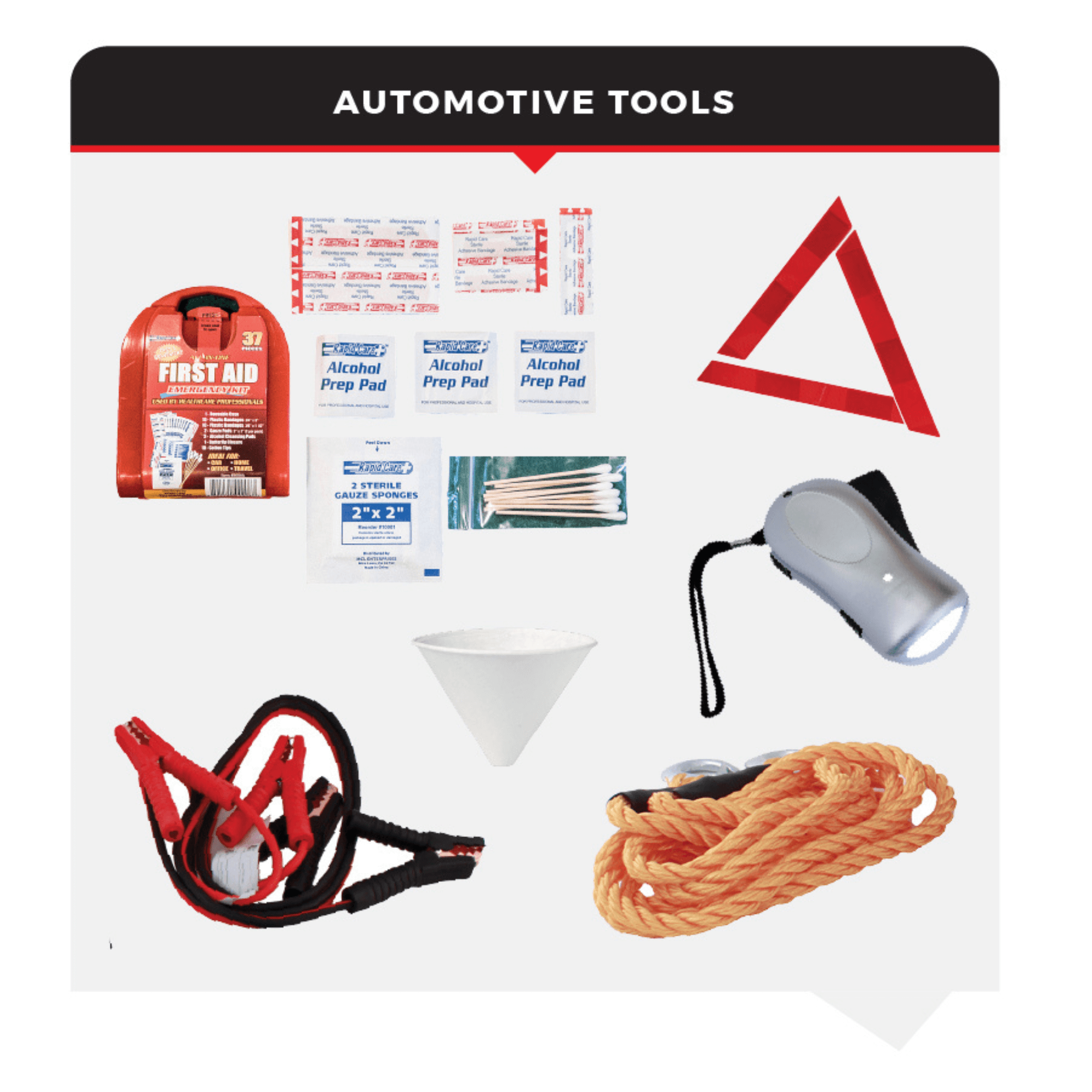 Comprehensive car emergency auto kit displaying jumper cables, first aid supplies, flashlight, and reflective triangle. — view 2