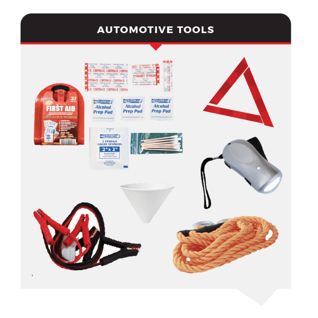 Comprehensive car emergency auto kit displaying jumper cables, first aid supplies, flashlight, and reflective triangle. — view 2