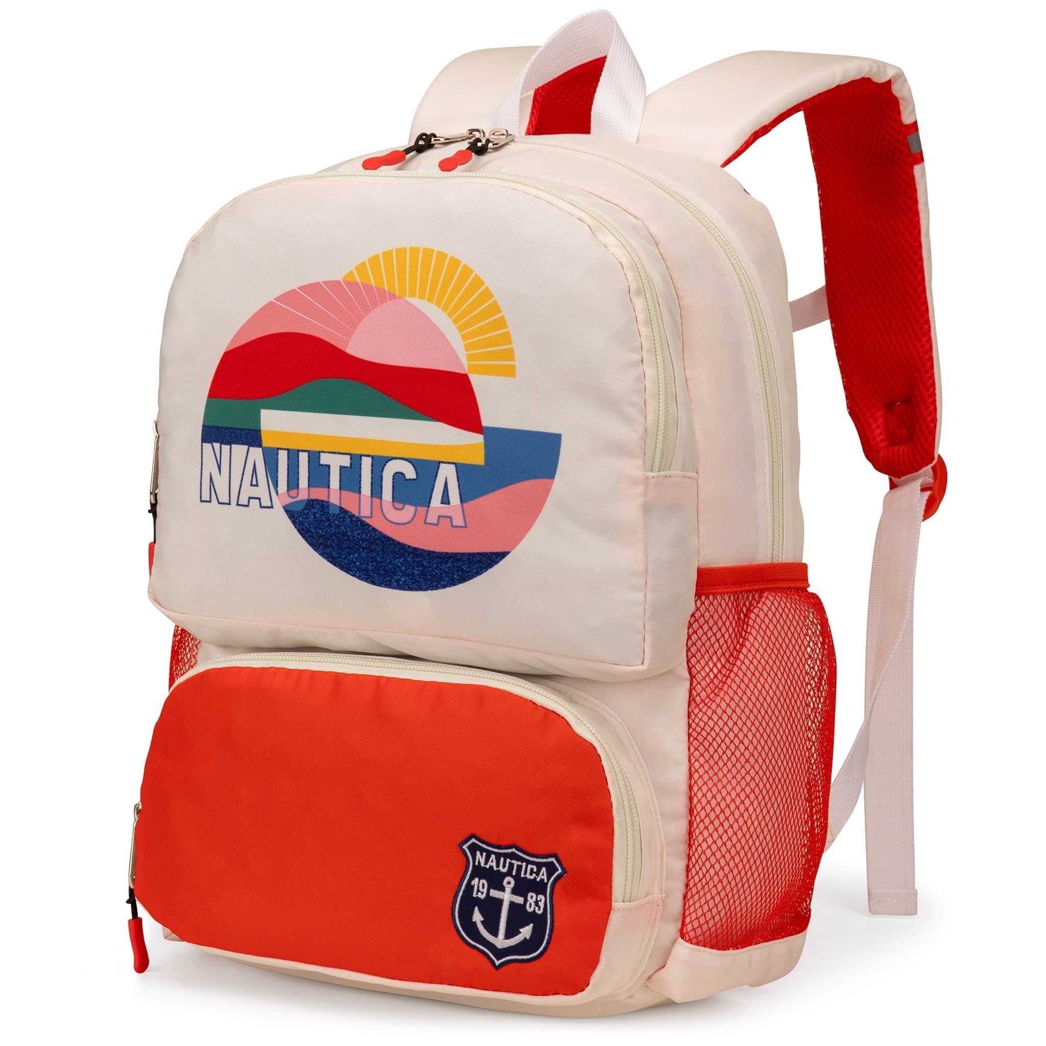 Nautica kids school backpack with multiple compartments, padded straps, and water-resistant polyester construction.