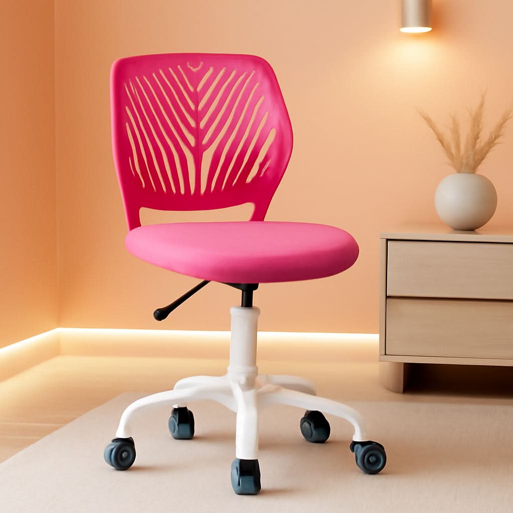 Rose pink adjustable kids desk chair with lumbar support, armless design, and swivel caster wheels