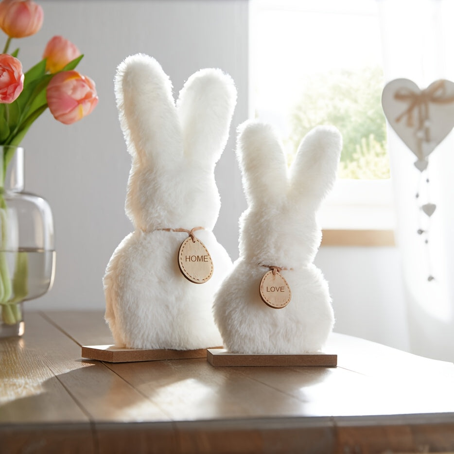 Two fluffy plush Easter bunny decorations in large and small sizes for festive spring home decor — view 2