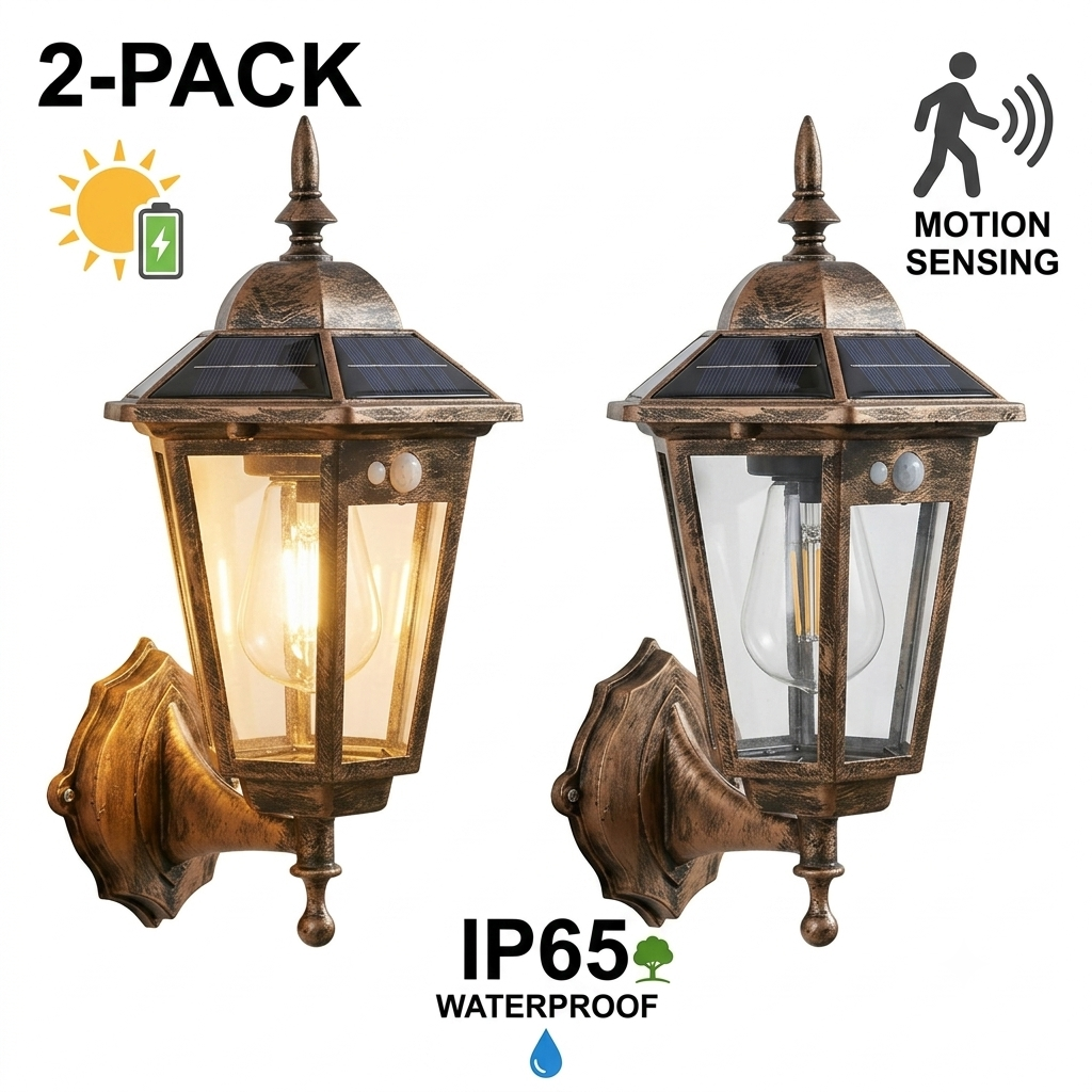 Antique bronze retro solar outdoor wall lights featuring traditional Victorian lantern design and motion sensors — view 3