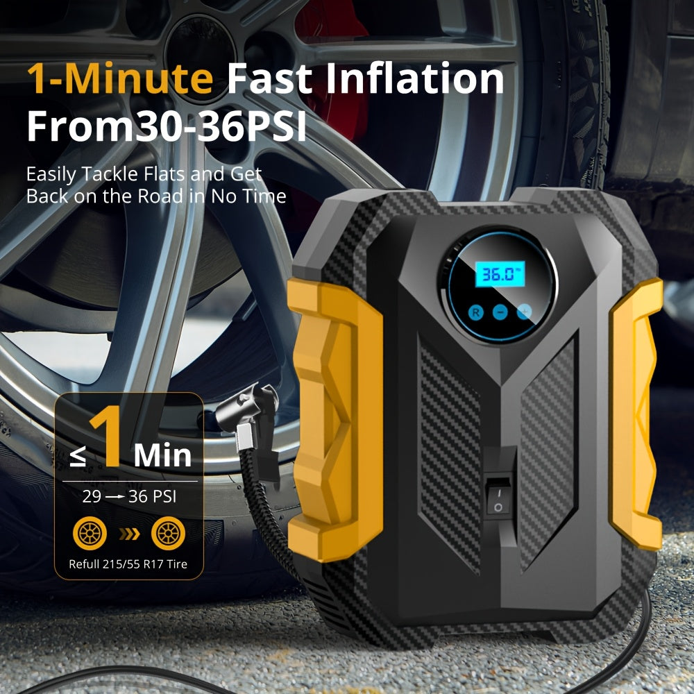 Yellow portable digital tire inflator and air compressor pump with 12V car plug and LED light — view 4