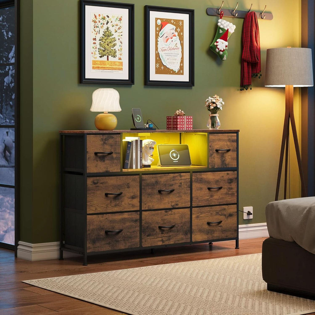 Rustic brown wood grain 8-drawer dresser and TV stand with open shelves and LED lighting — view 2