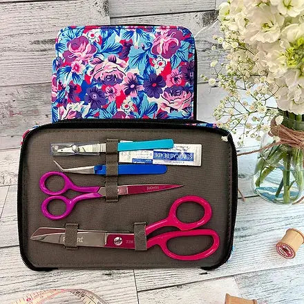Four piece floral pattern sewing kit with fabric shears trimming scissors tweezers and seam ripper — view 2