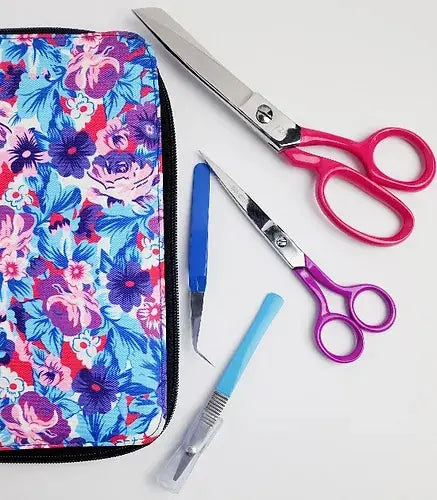 Four piece floral pattern sewing kit with fabric shears trimming scissors tweezers and seam ripper — view 3