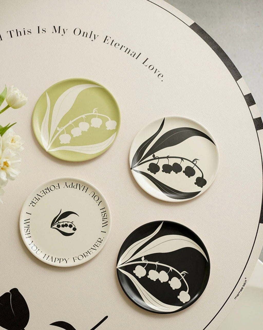 Eclectic floral bamboo dinnerware set of four plates with vibrant botanical patterns