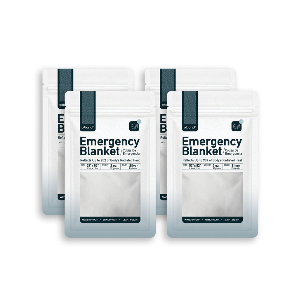 4-pack of silver reflective emergency blankets, folded waterproof thermal foil in clear resealable packaging. — view 2