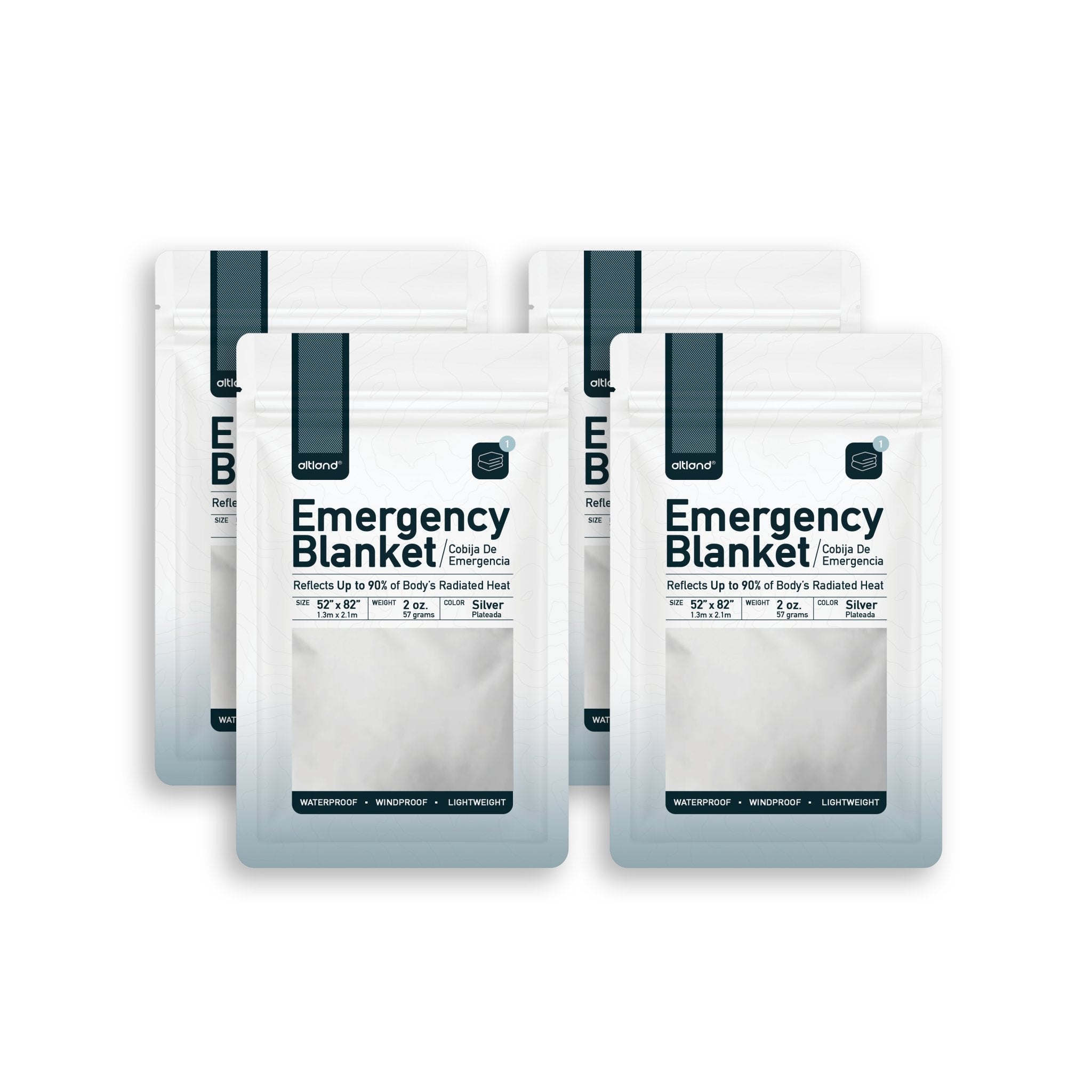4-pack of silver reflective emergency blankets, folded waterproof thermal foil in clear resealable packaging. — view 2