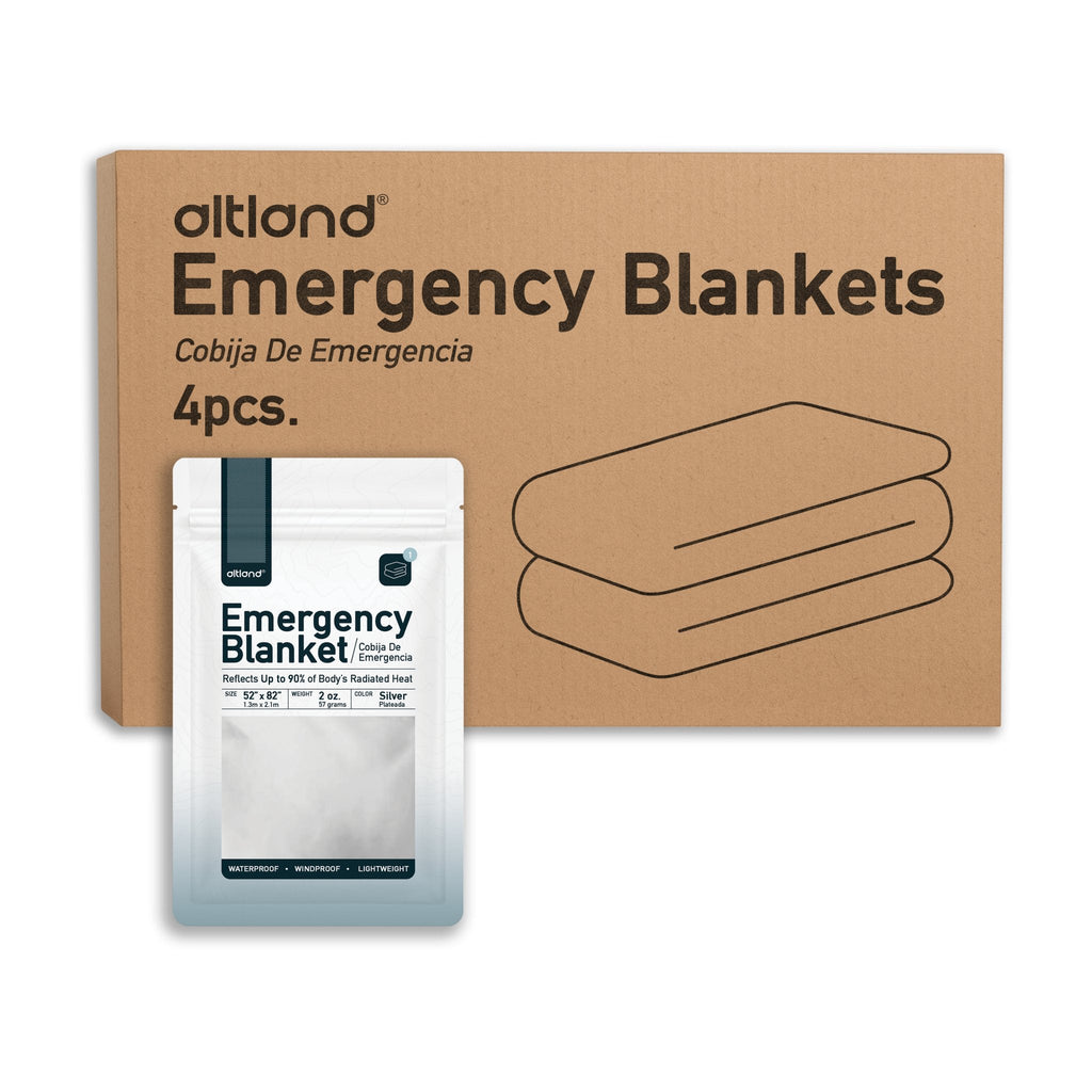 4-pack of silver reflective emergency blankets, folded waterproof thermal foil in clear resealable packaging.
