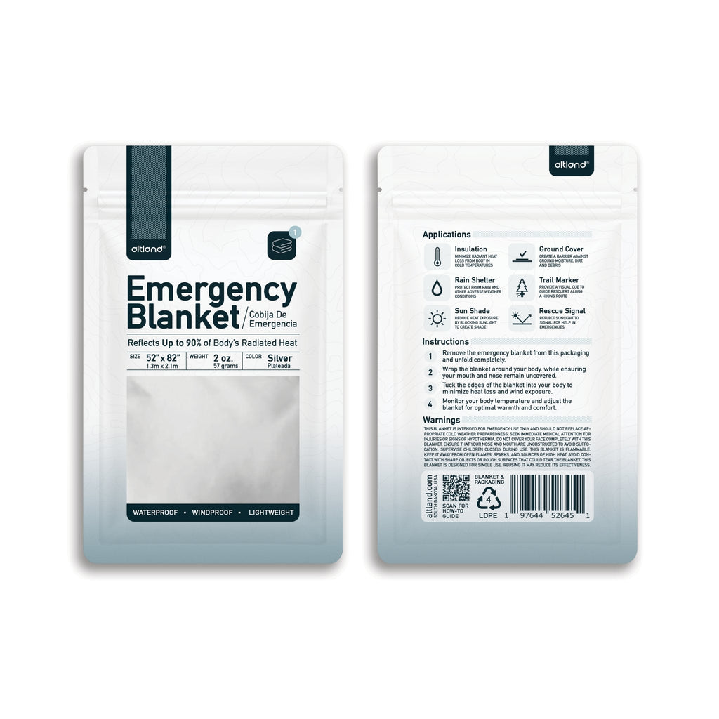 4-pack of silver reflective emergency blankets, folded waterproof thermal foil in clear resealable packaging. — view 3